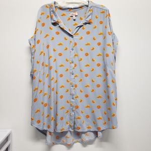 Womens Button Front Short Sleeve Shirt 1X Orange Print Casual Versatile Top